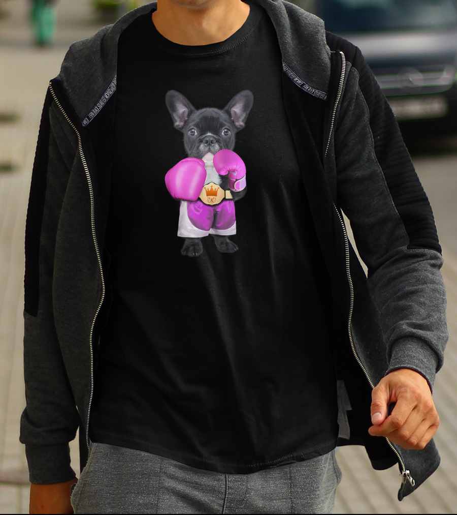 French Bulldog Wearing Boxing Gloves Champion Belt T-Shirt
