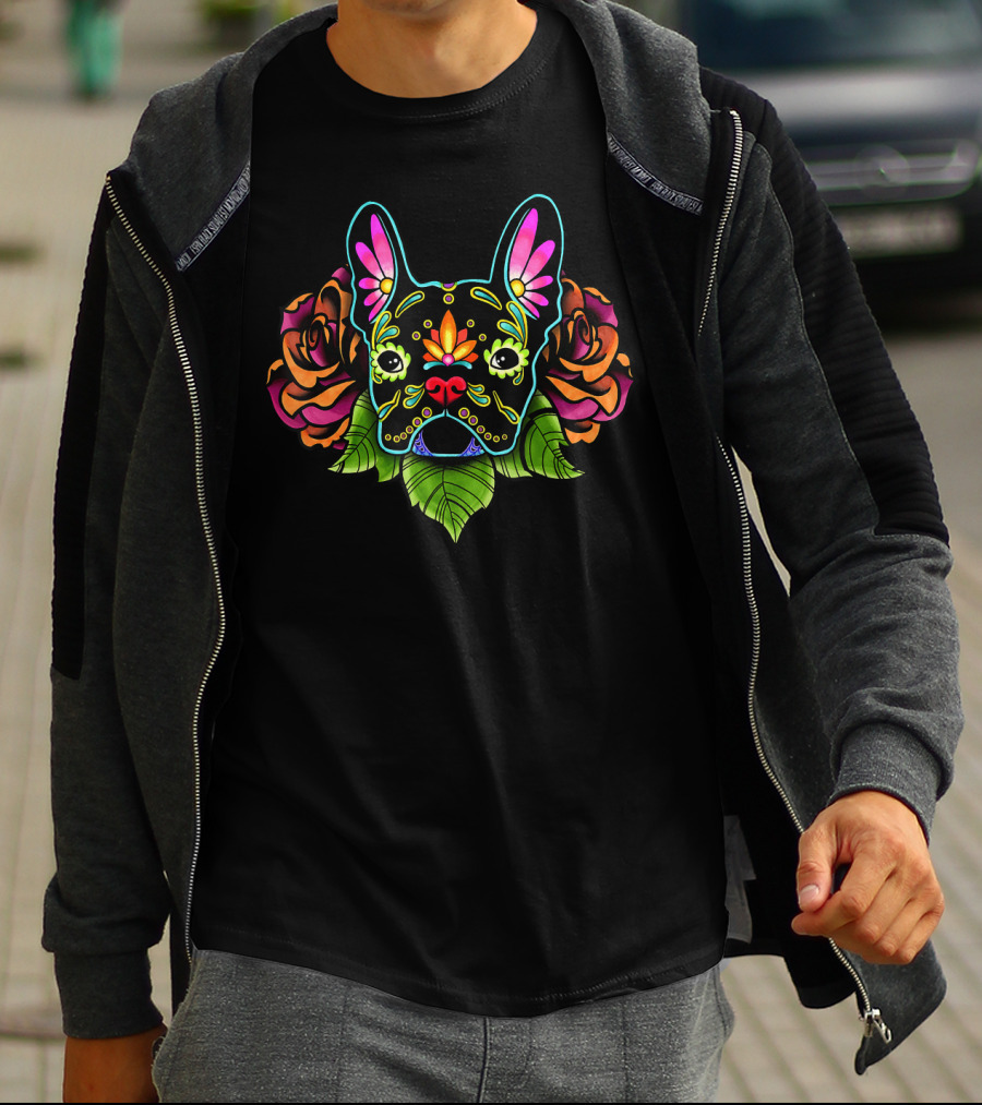 French Bulldog Colorful Day Of The Dead Floral Roses T-Shirt