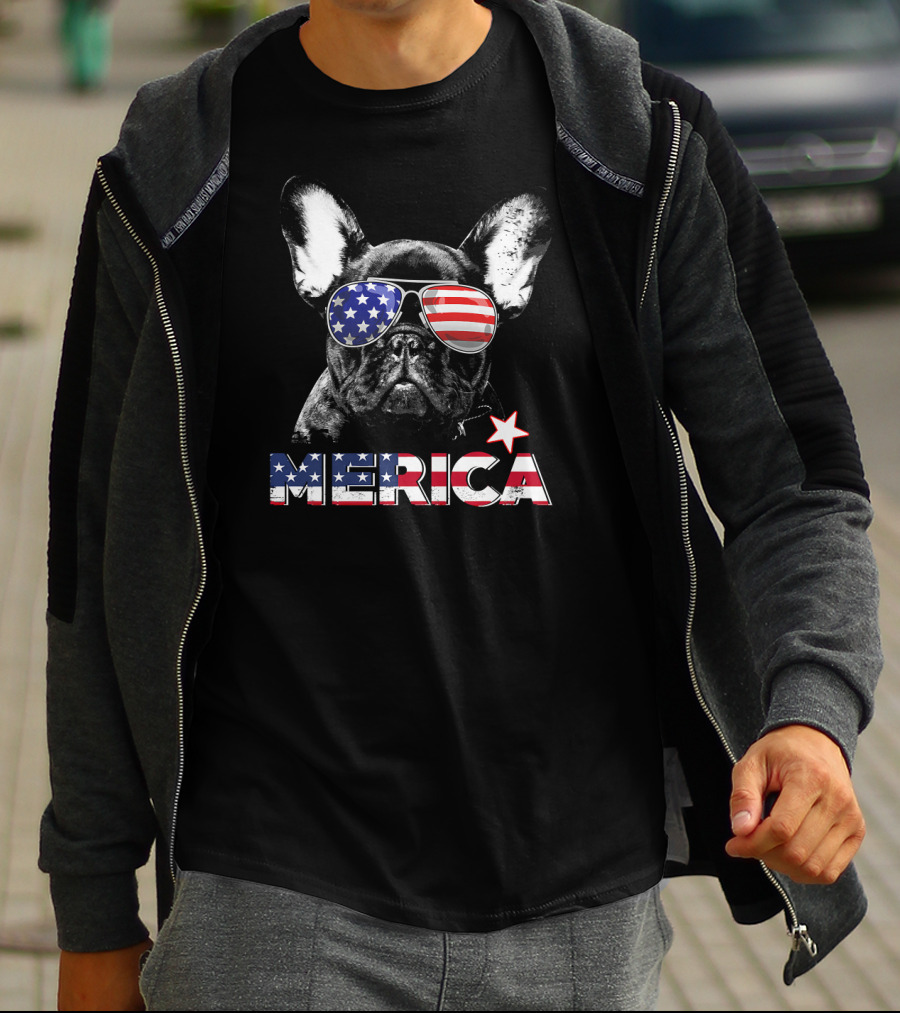 French Bulldog Merica Patriotic Star-Spangled Sunglasses USA T-Shirt