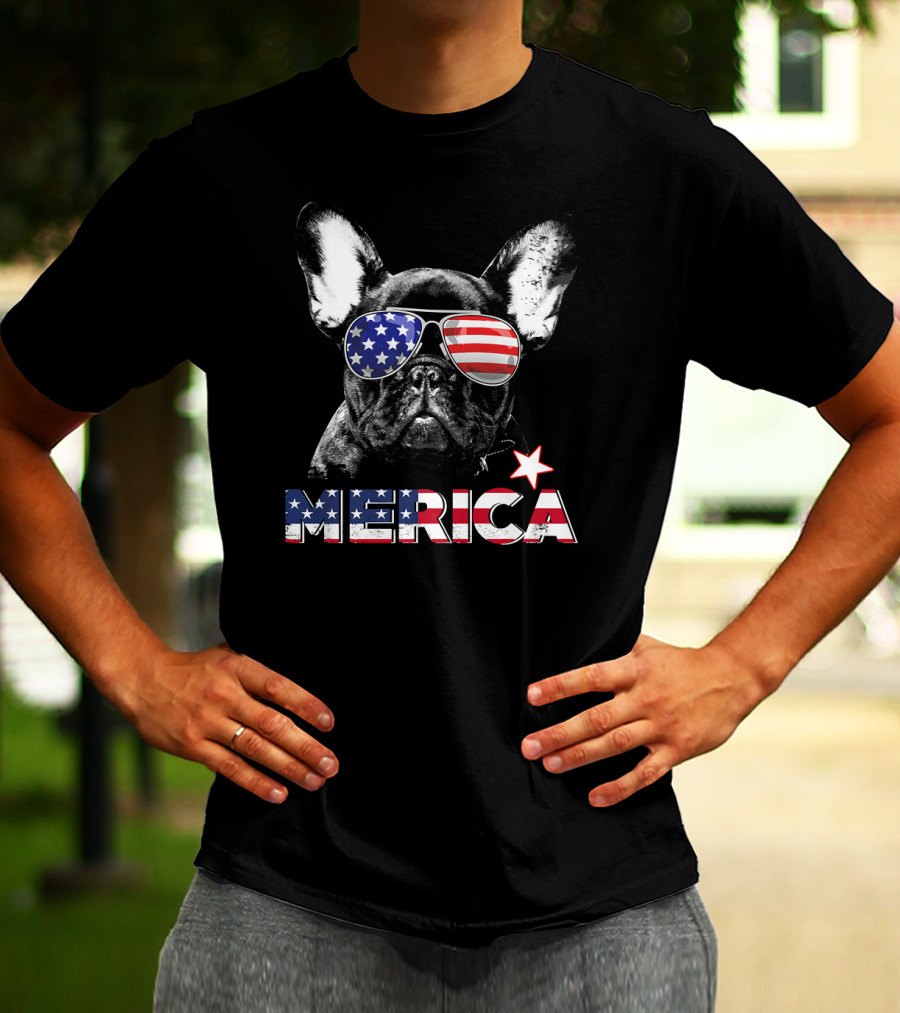 French Bulldog Merica Patriotic Star-Spangled Sunglasses USA T-Shirt