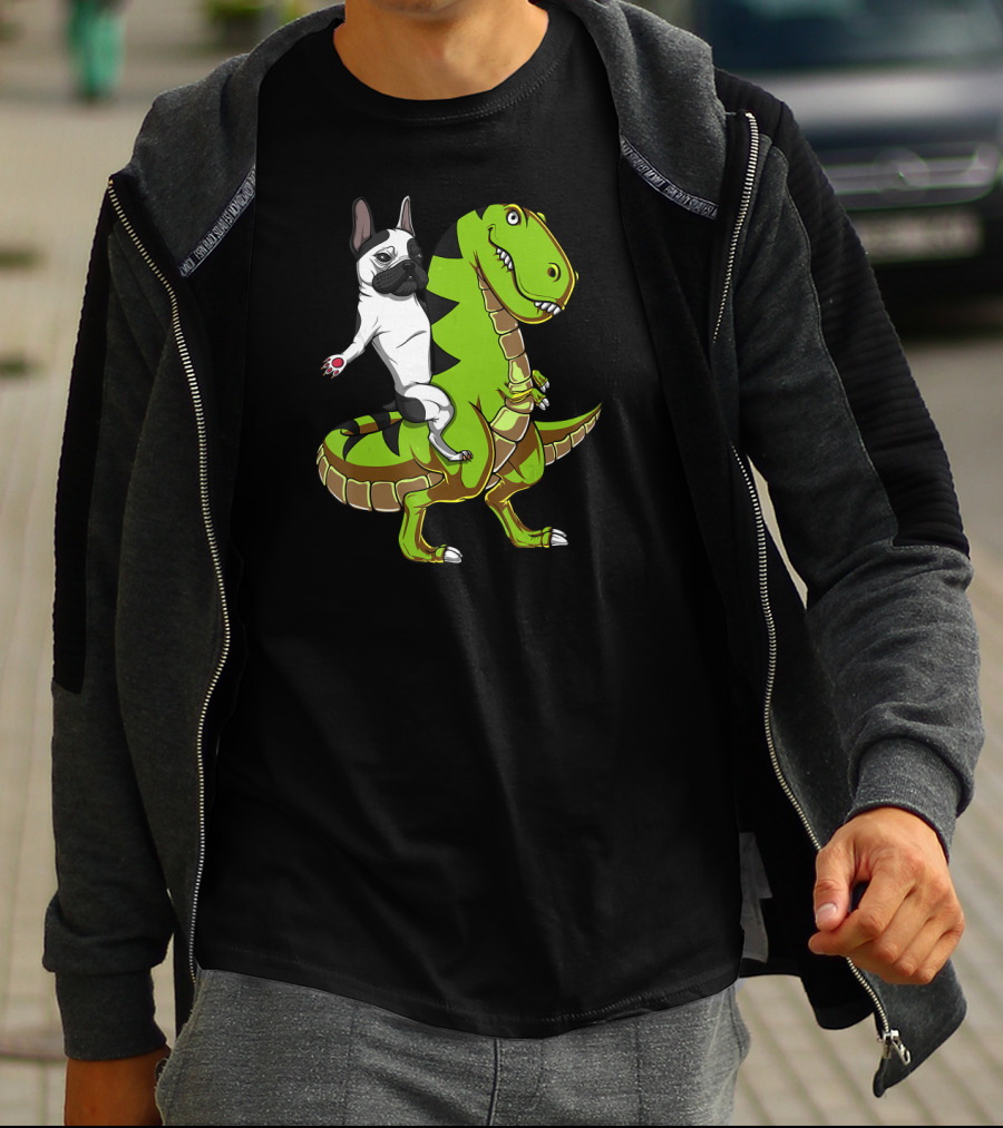 French Bulldog Riding T-Rex Dinosaur Adventure T-Shirt