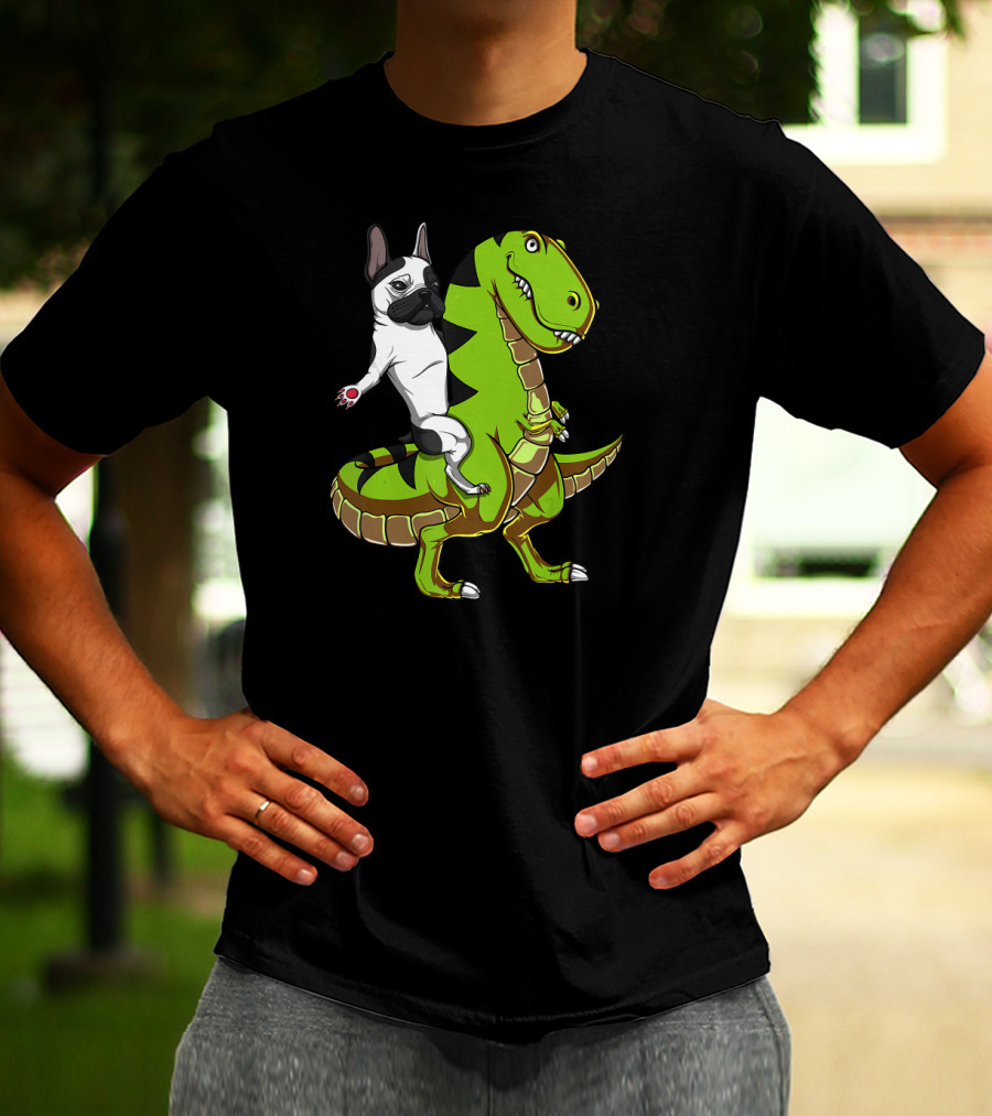 French Bulldog Riding T-Rex Dinosaur Adventure T-Shirt