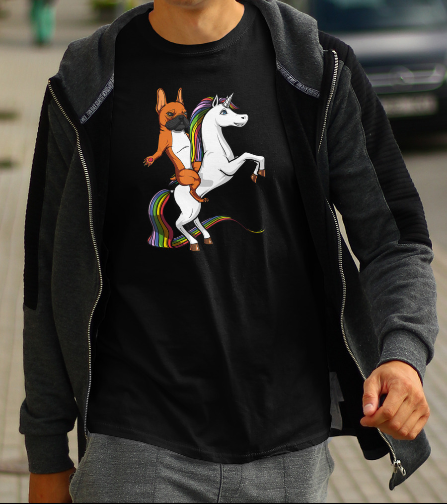 French Bulldog Riding Rainbow Unicorn Funny Dog T-Shirt