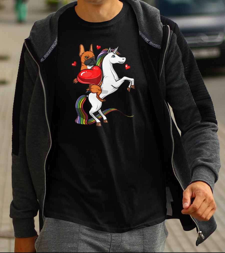 French Bulldog With Heart On Rainbow Unicorn Valentine's T-Shirt