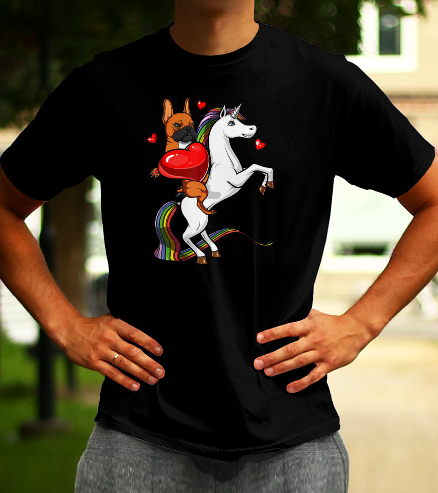 French Bulldog With Heart On Rainbow Unicorn Valentine's T-Shirt