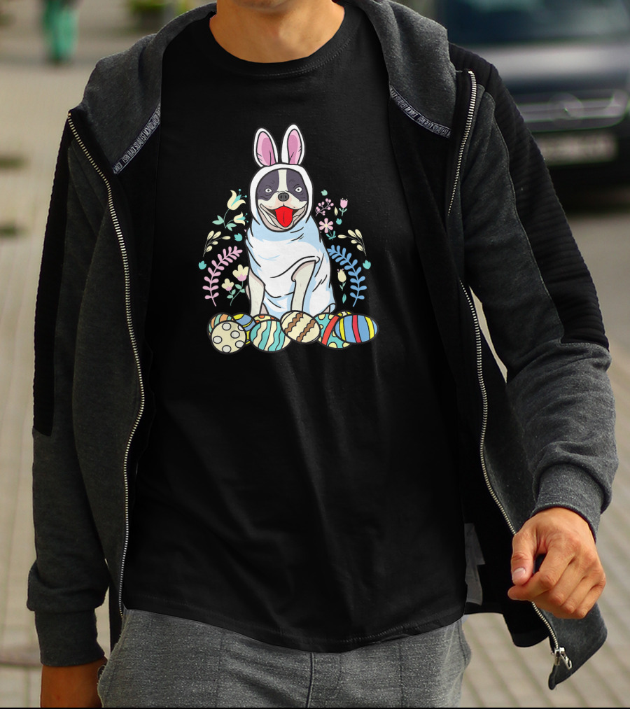 French Bulldog Bunny Ears Easter Eggs Floral Co T-Shirt