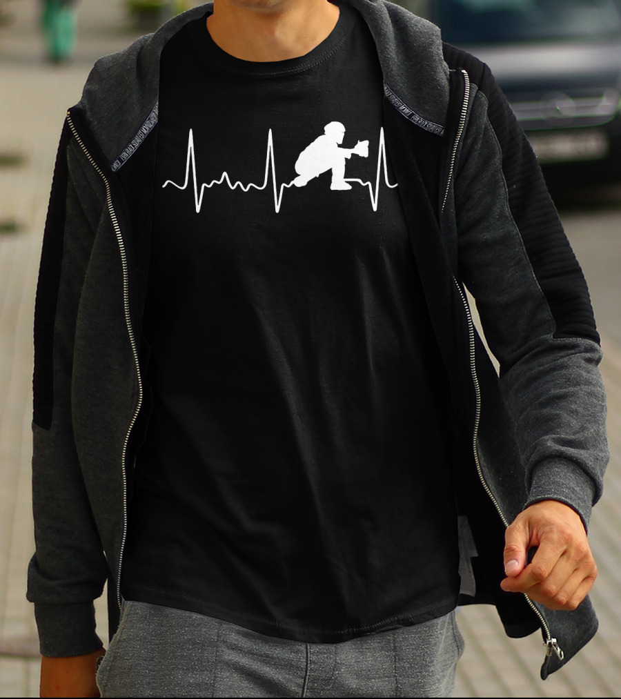 Baseball Catcher Silhouette Heartbeat Line T-Shirt