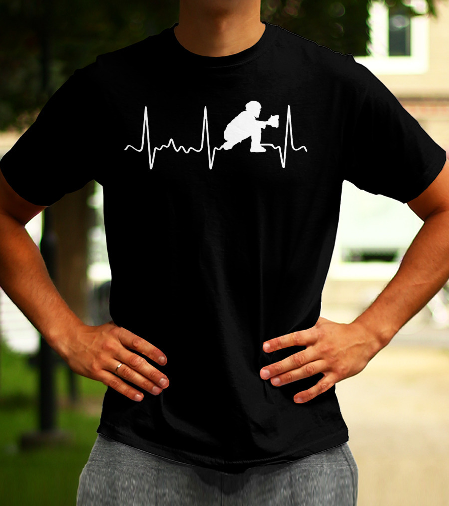 Baseball Catcher Silhouette Heartbeat Line T-Shirt