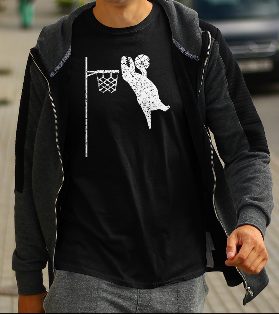 Jumping Tyrannosaurus Rex Dunks Basketball Hoop T-Shirt