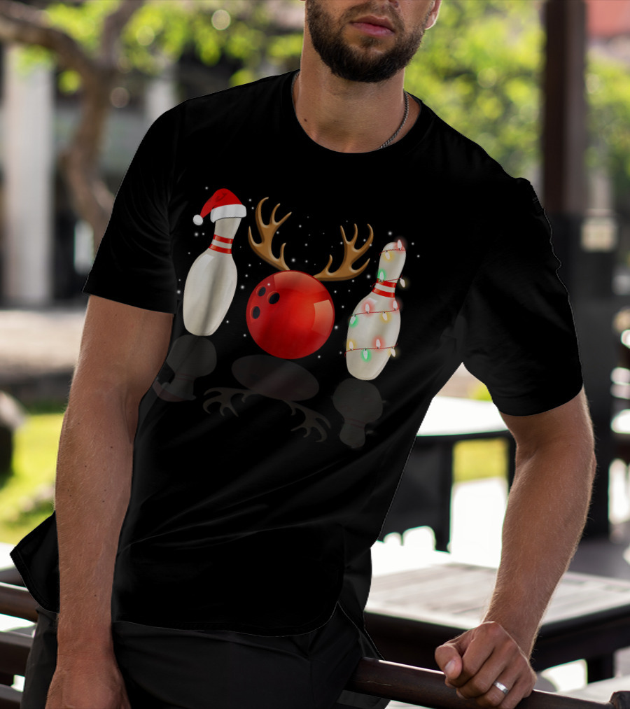 Reindeer Antlers Bowling Ball Santa Hat Christmas Lights Bowling Pins Funny Holiday Bowling T-Shirt