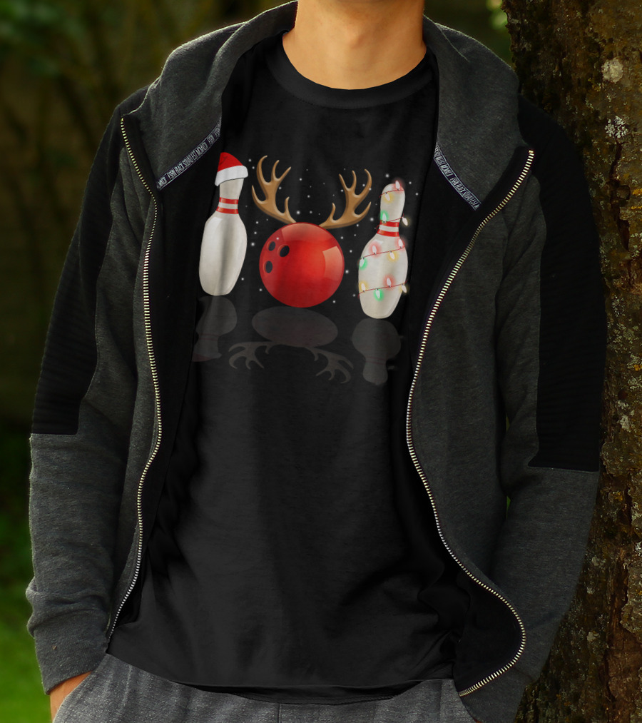 Reindeer Antlers Bowling Ball Santa Hat Christmas Lights Bowling Pins Funny Holiday Bowling T-Shirt