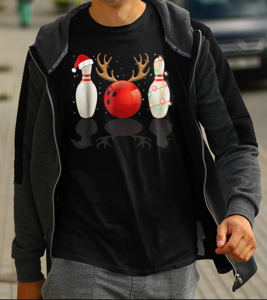 Reindeer Antlers Bowling Ball Santa Hat Christmas Lights Bowling Pins Funny Holiday Bowling T-Shirt