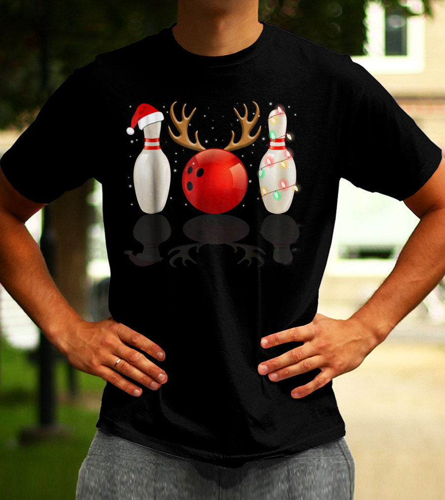 Reindeer Antlers Bowling Ball Santa Hat Christmas Lights Bowling Pins Funny Holiday Bowling T-Shirt