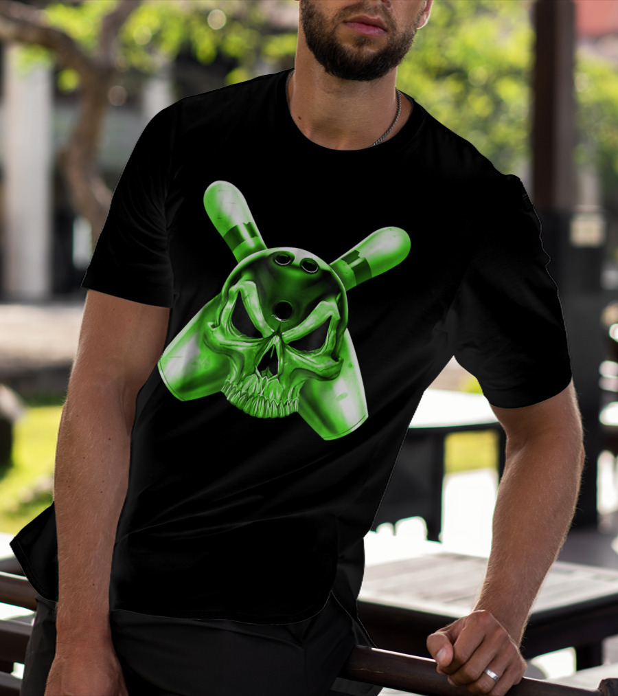 Bowling Skull Crossed Pins Green T-Shirt