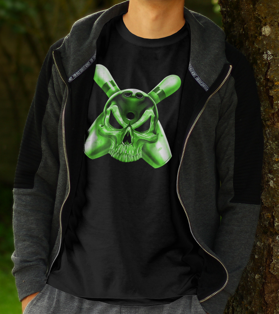 Bowling Skull Crossed Pins Green T-Shirt