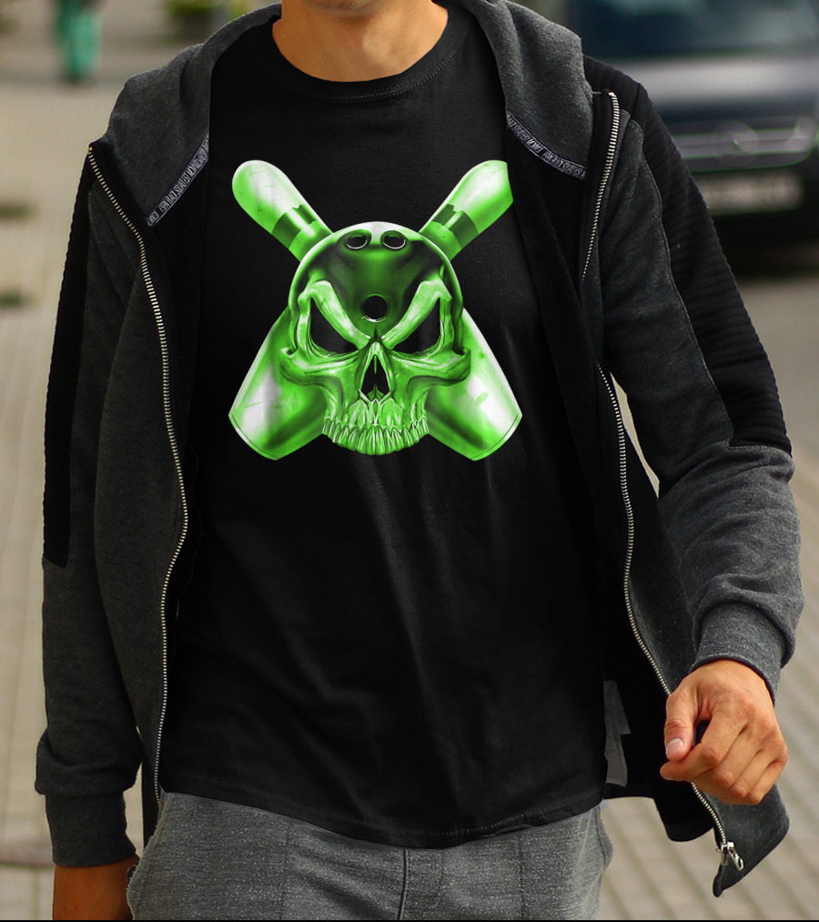Bowling Skull Crossed Pins Green T-Shirt