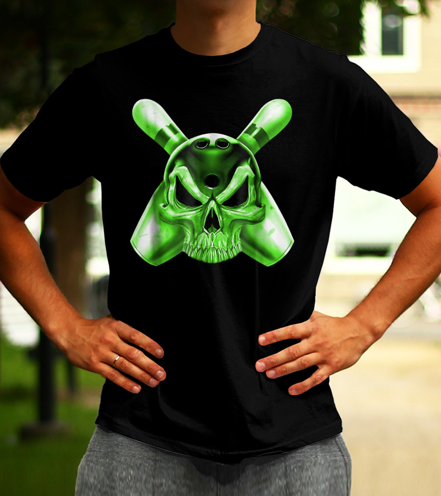 Bowling Skull Crossed Pins Green T-Shirt