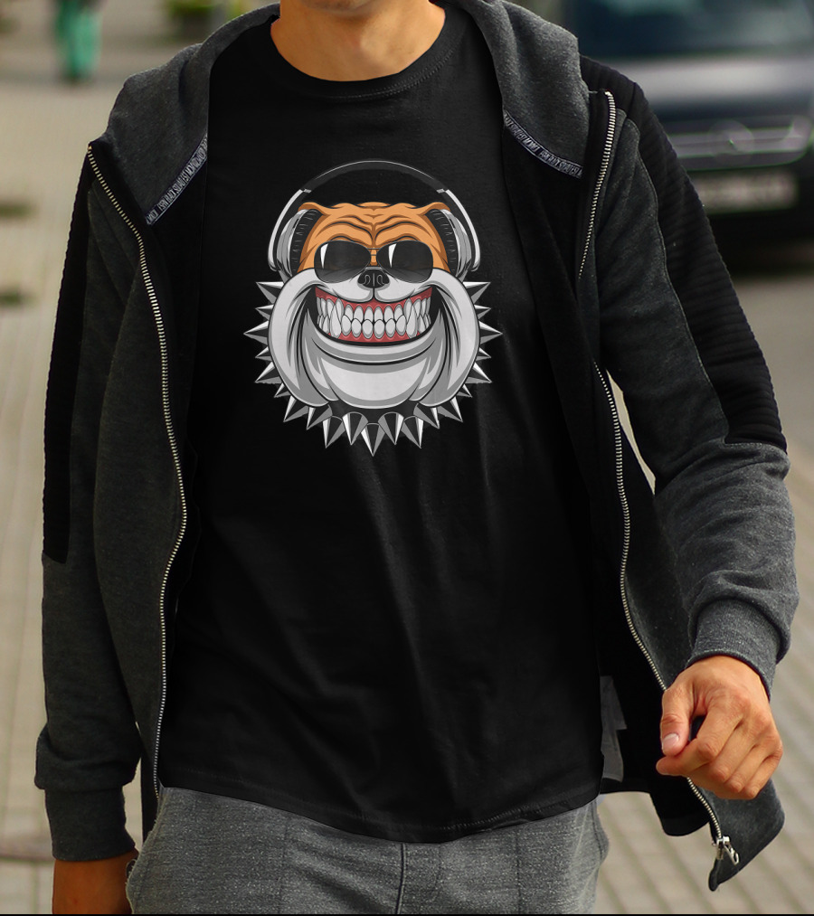 Funny Bulldog Wearing Headphones With Spiked Collar And Big Grin T-Shirt