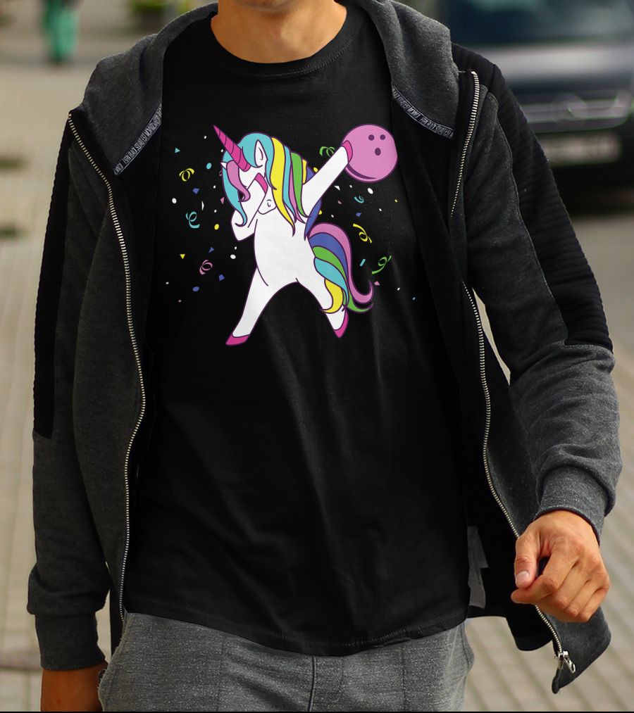 Funny Dabbing Unicorn With Colorful Bowling Ball And Confetti T-Shirt