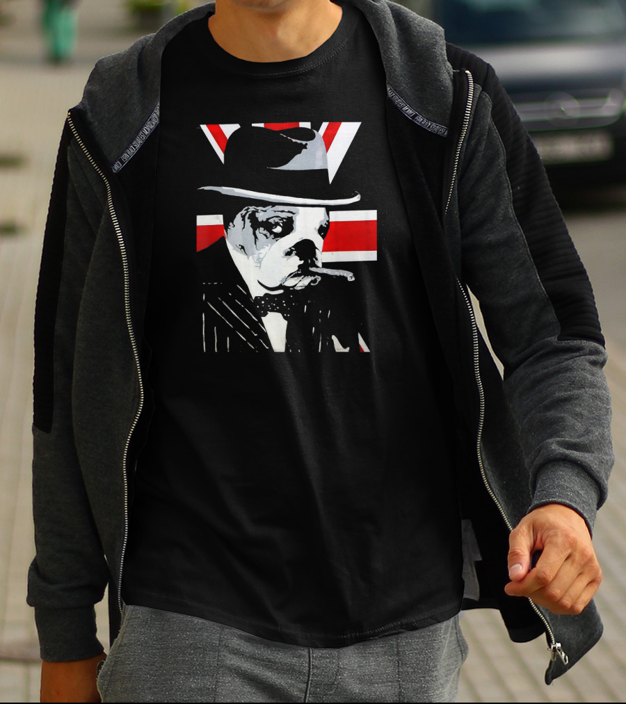 Funny English Bulldog Smoking Cigar Wearing Hat With Union Jack Background T-Shirt