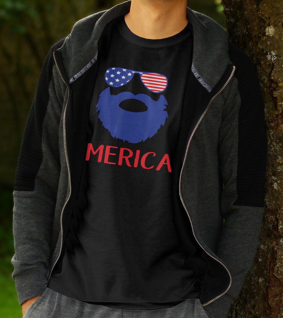 'Merica Beard With American Flag Sunglasses T-Shirt