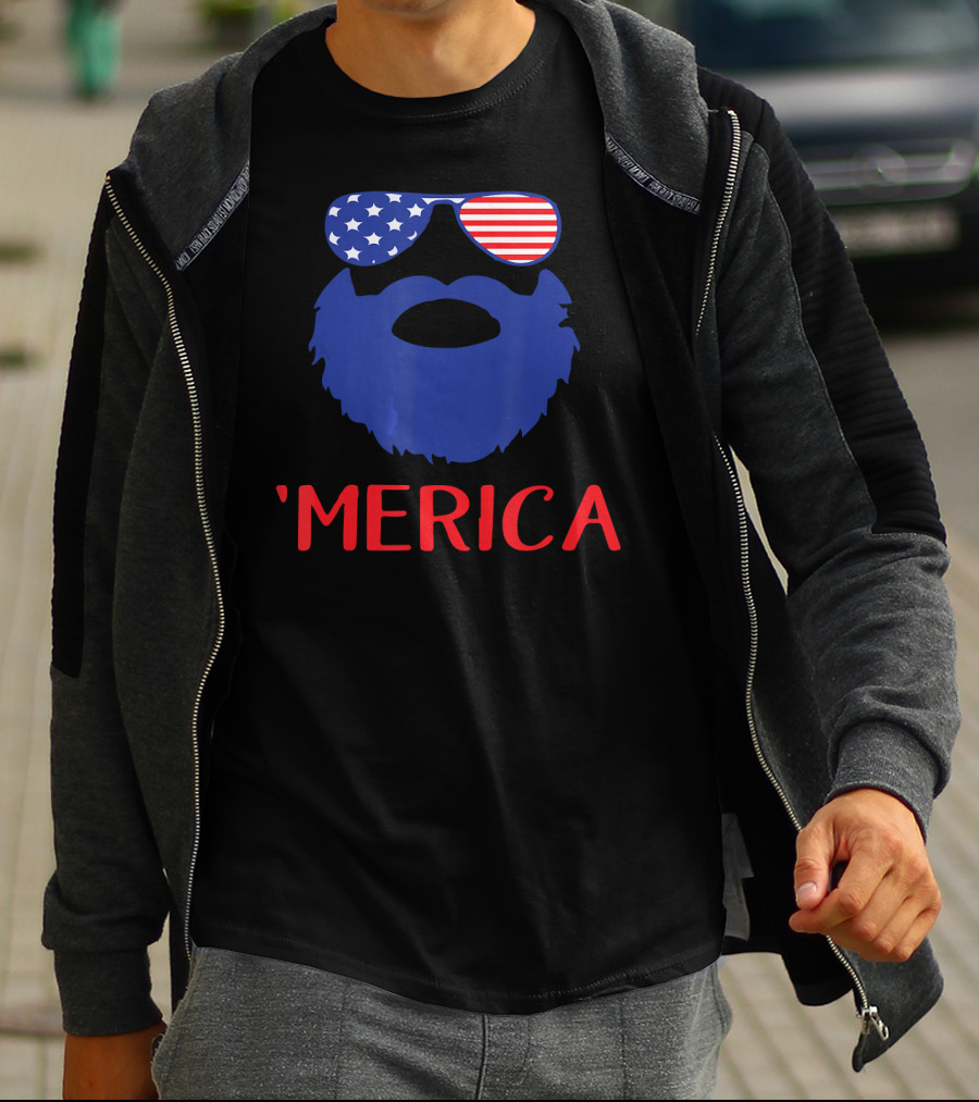 'Merica Beard With American Flag Sunglasses T-Shirt