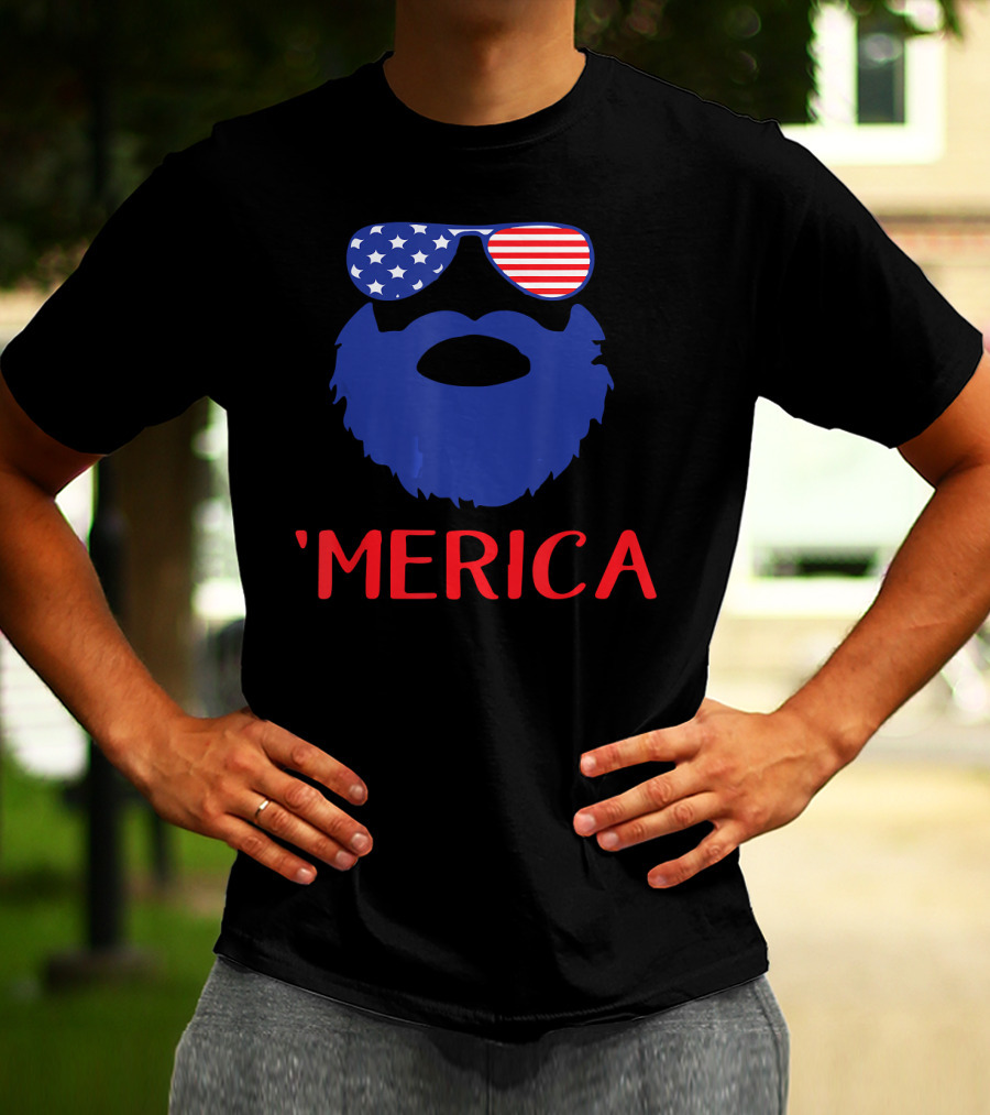 'Merica Beard With American Flag Sunglasses T-Shirt
