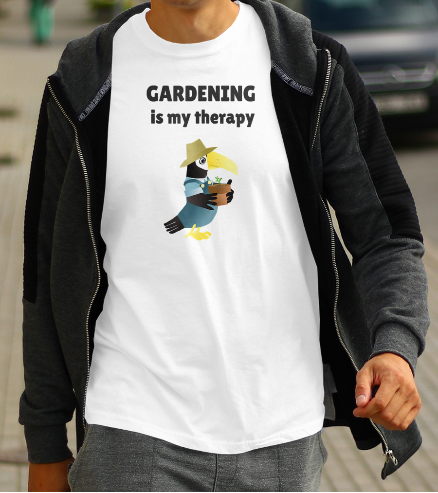 Gardening Is My Therapy Toucan In Hat Holding Plant T-Shirt