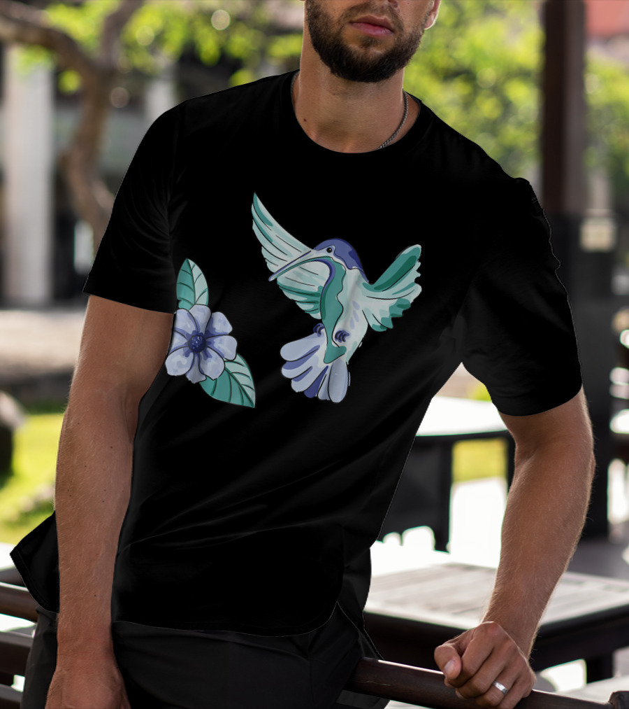 Green And Blue Hummingbird With White And Blue Flower T-Shirt