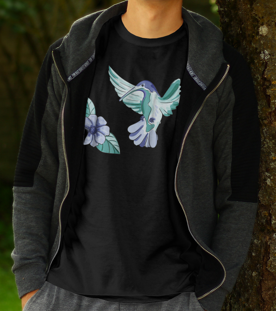 Green And Blue Hummingbird With White And Blue Flower T-Shirt