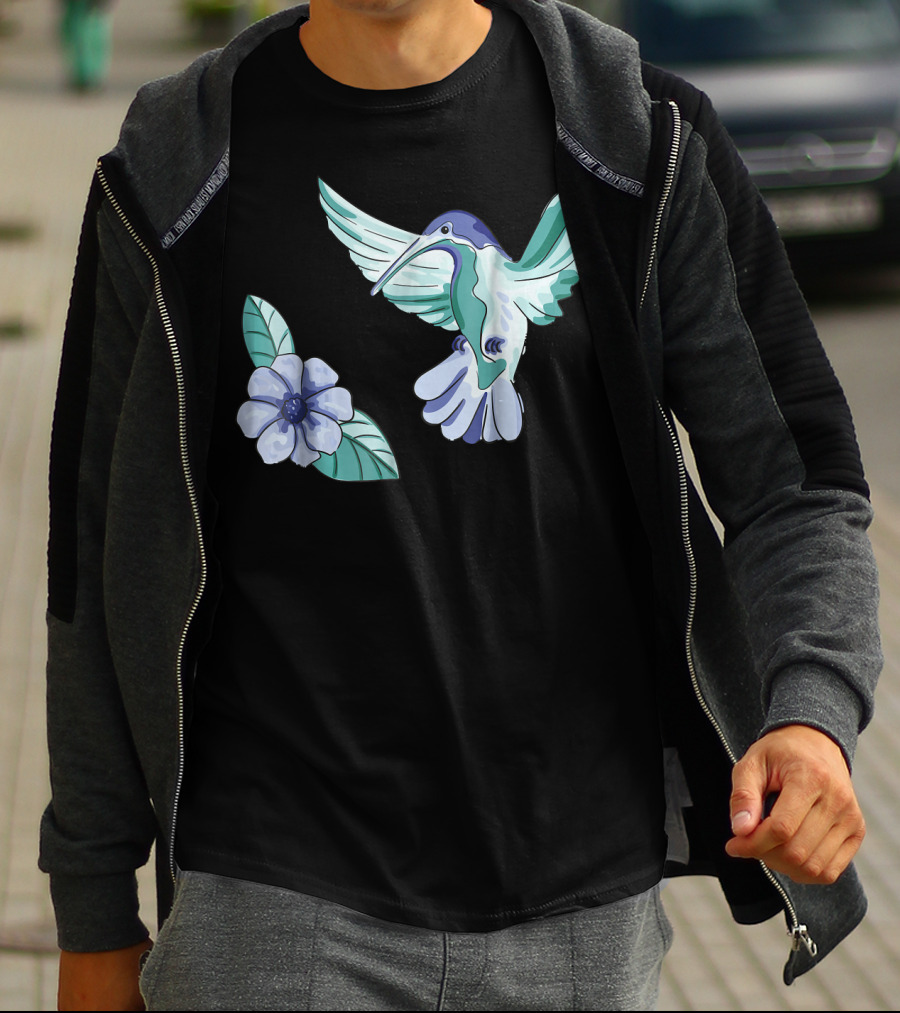 Green And Blue Hummingbird With White And Blue Flower T-Shirt