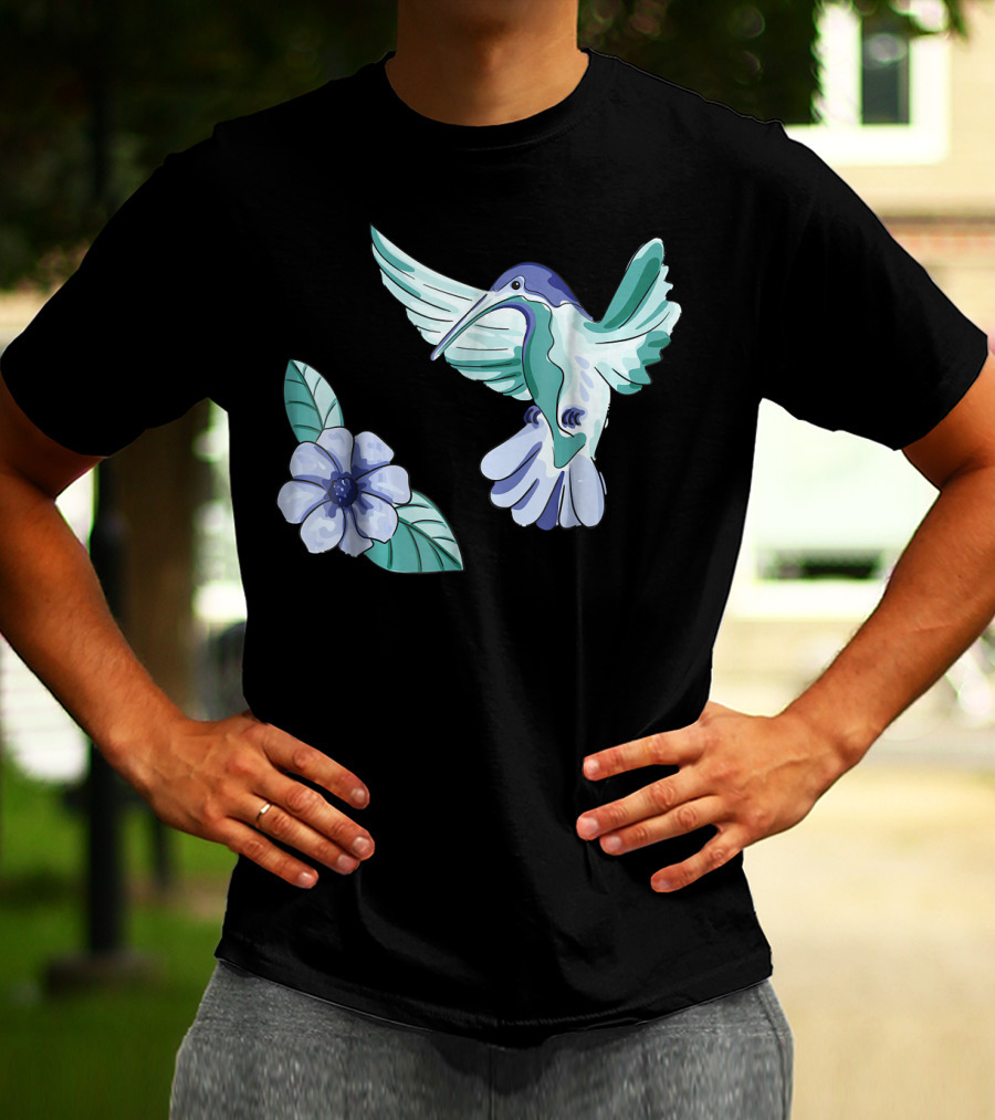 Green And Blue Hummingbird With White And Blue Flower T-Shirt