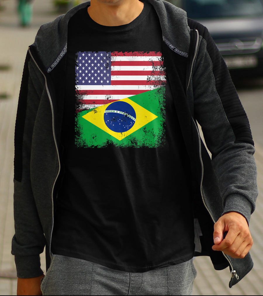 Vintage Half Brazilian Half American Flag Brazil U T-Shirt