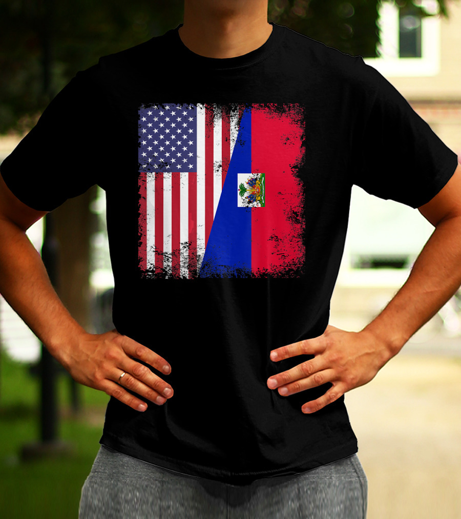 Half Haitian Flag Vintage Haiti U USA Grunge Style Flag Fusion T-Shirt