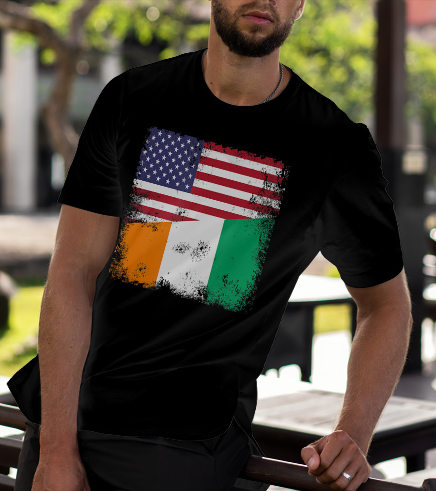 Half Ivorian Flag Vintage Cote D'I With Distressed USA Flag T-Shirt