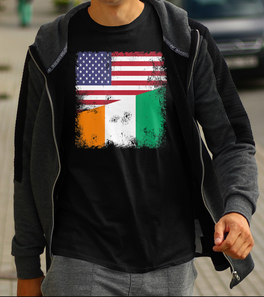 Half Ivorian Flag Vintage Cote D'I With Distressed USA Flag T-Shirt