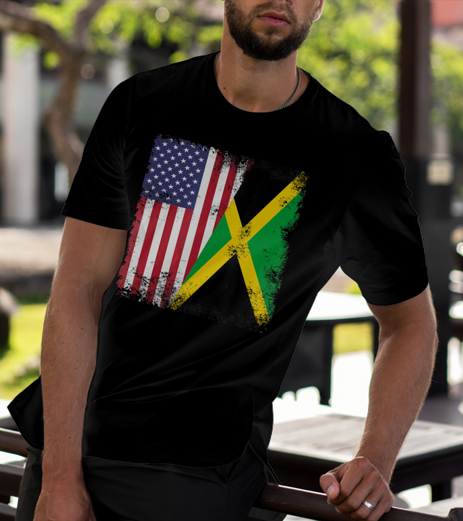 Half Jamaican Flag Vintage Jamaica U.S.A. Flag Overlay T-Shirt