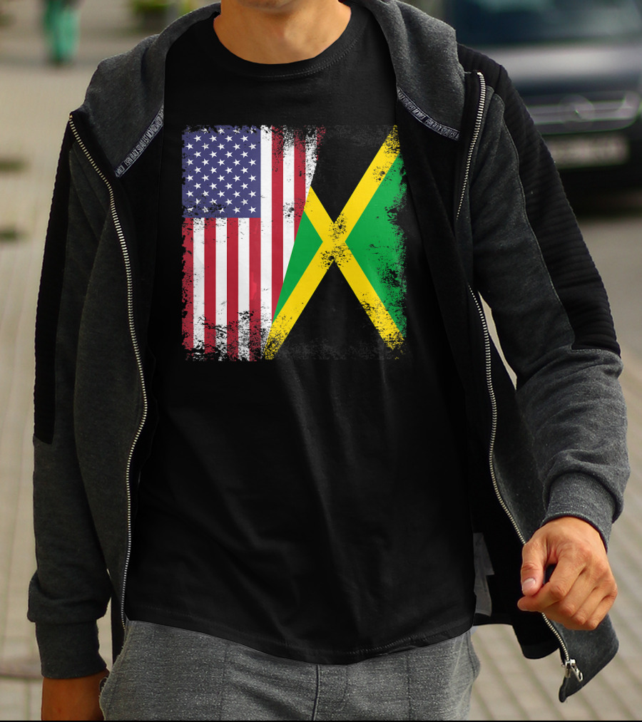 Half Jamaican Flag Vintage Jamaica U.S.A. Flag Overlay T-Shirt