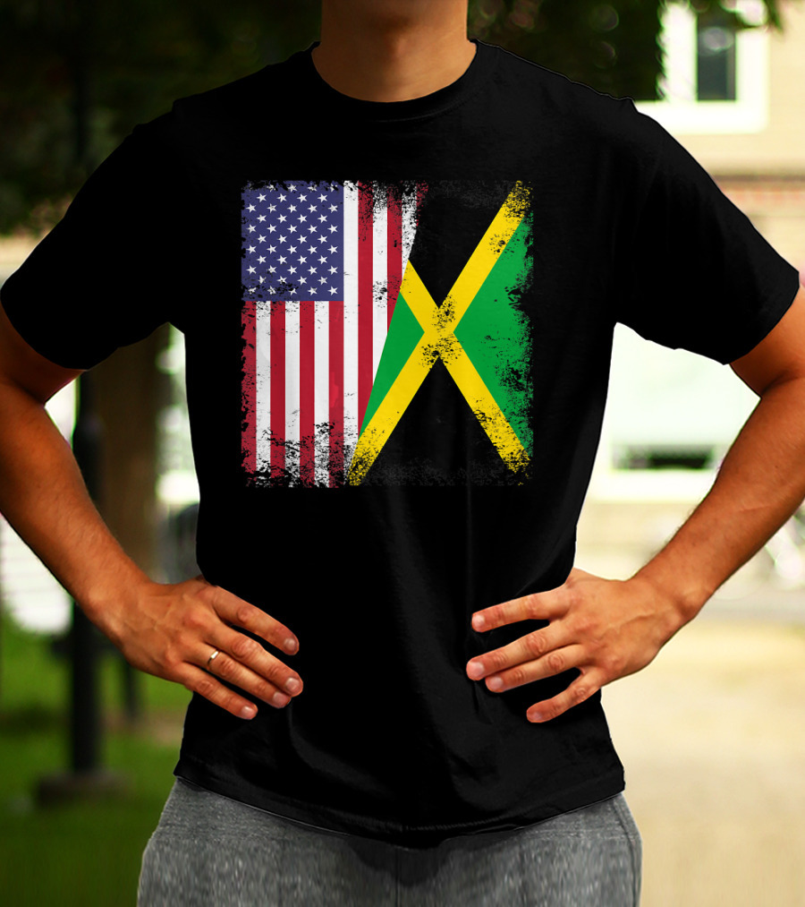Half Jamaican Flag Vintage Jamaica U.S.A. Flag Overlay T-Shirt