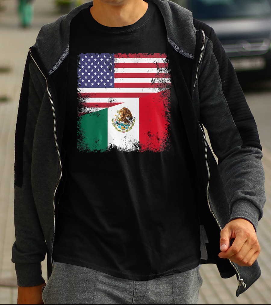 Half Mexican Flag Vintage Mexico U.S. American Flag Dual Heritage T-Shirt