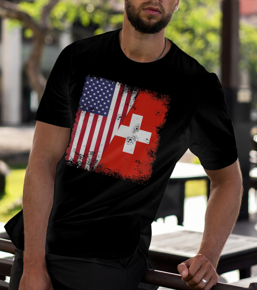 Half Swiss Flag Vintage American Swiss Flag T-Shirt