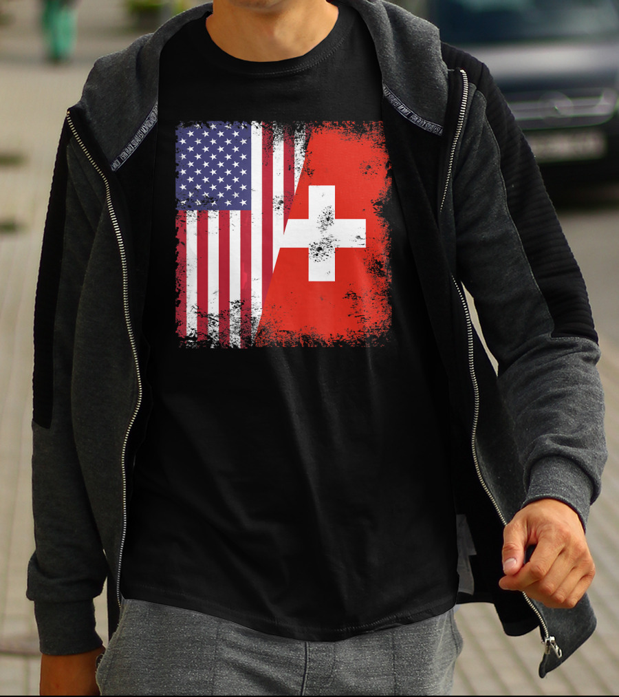 Half Swiss Flag Vintage American Swiss Flag T-Shirt