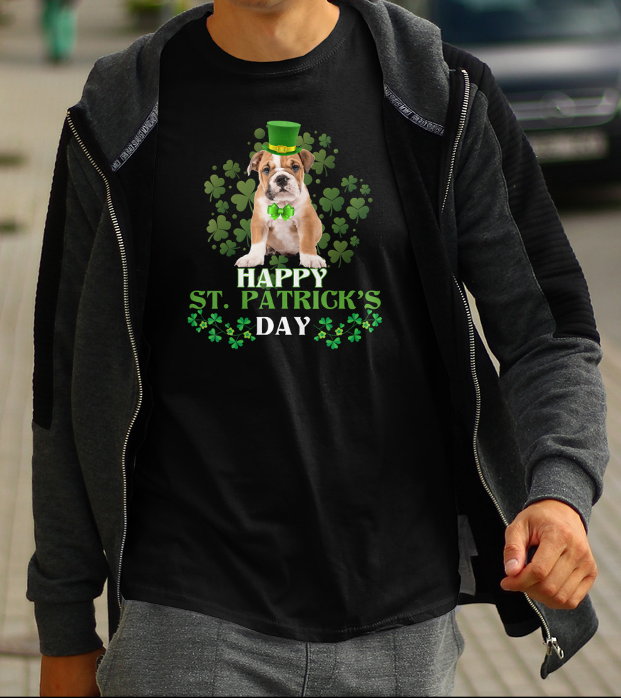 Happy St Patrick's Day Leprechaun Bulldog Green Hat Shamrock T-Shirt