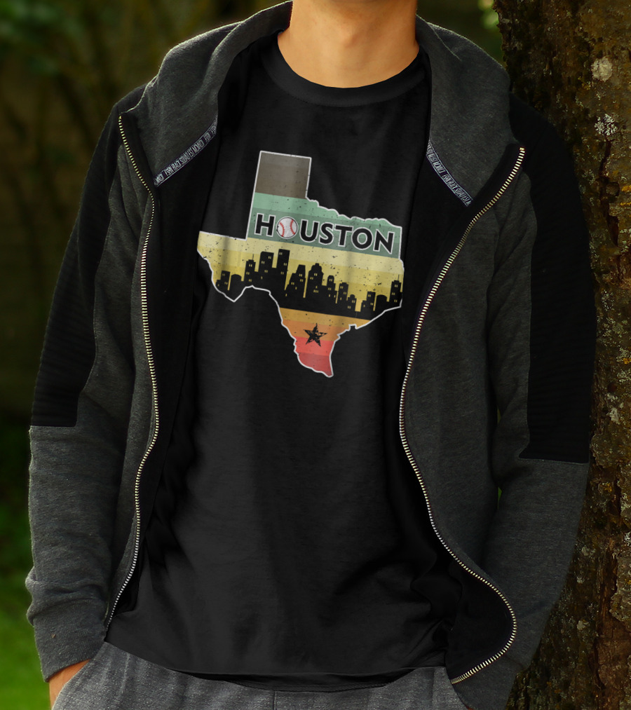 Houston Baseball Skyline With Texas Map And Retro Stripes T-Shirt