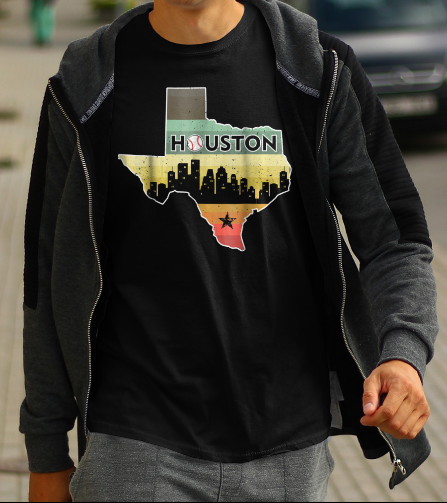Houston Baseball Skyline With Texas Map And Retro Stripes T-Shirt
