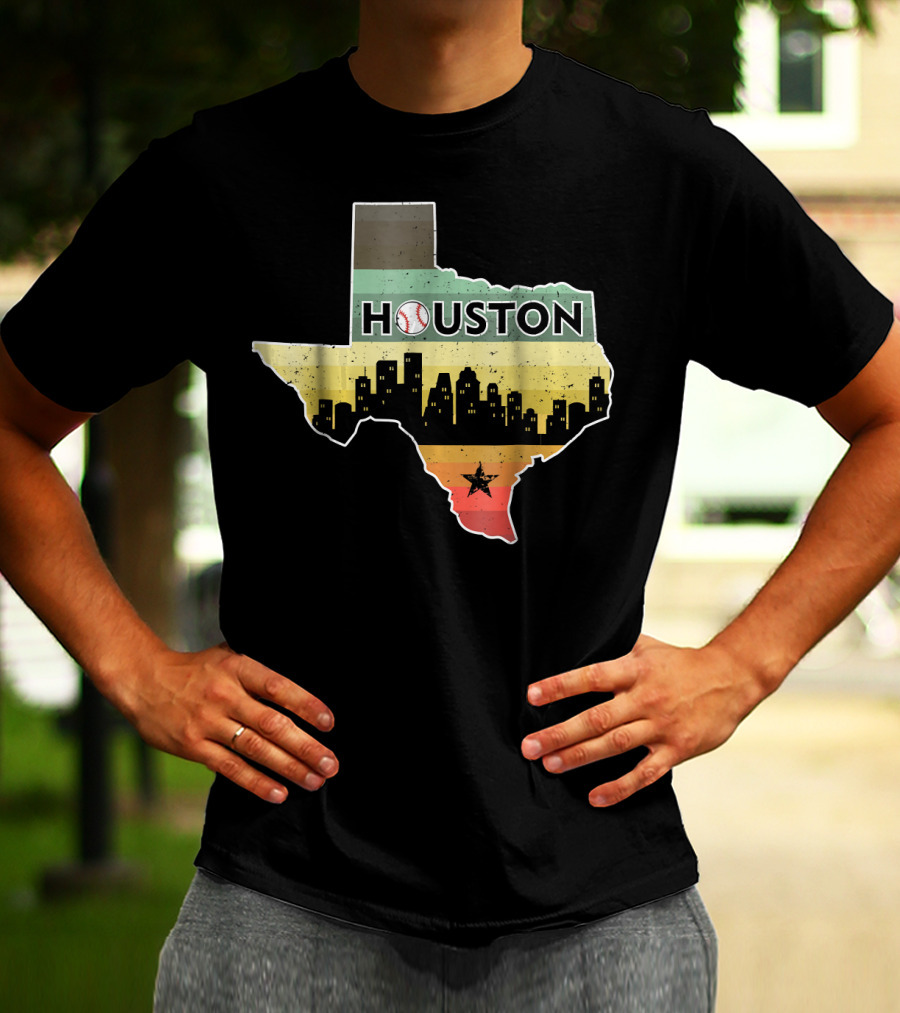 Houston Baseball Skyline With Texas Map And Retro Stripes T-Shirt