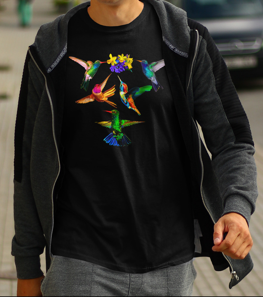 Hummingbird Lovers Colorful Birds With Flowers T-Shirt