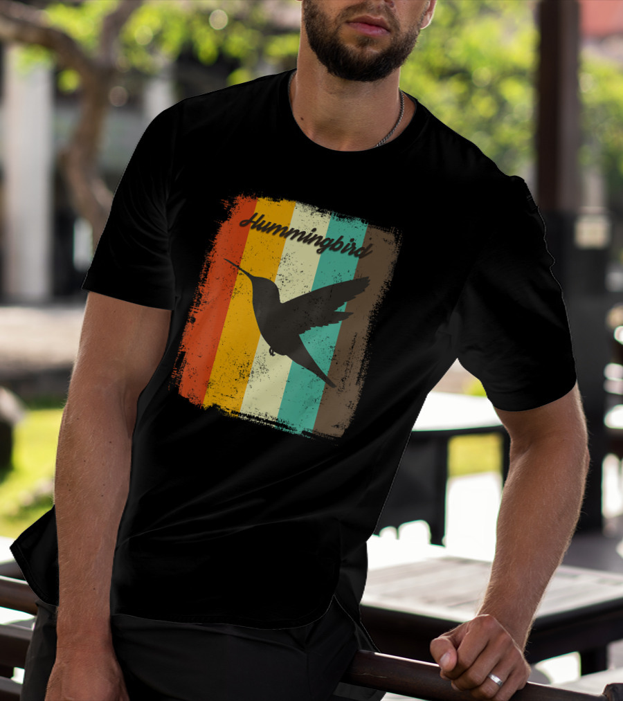 70s Vintage Hummingbird Silhouette Retro Stripes T-Shirt