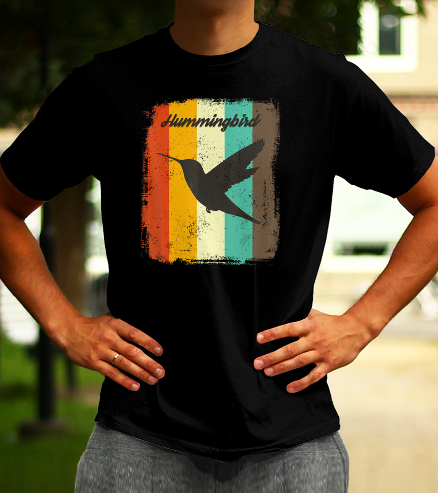 70s Vintage Hummingbird Silhouette Retro Stripes T-Shirt