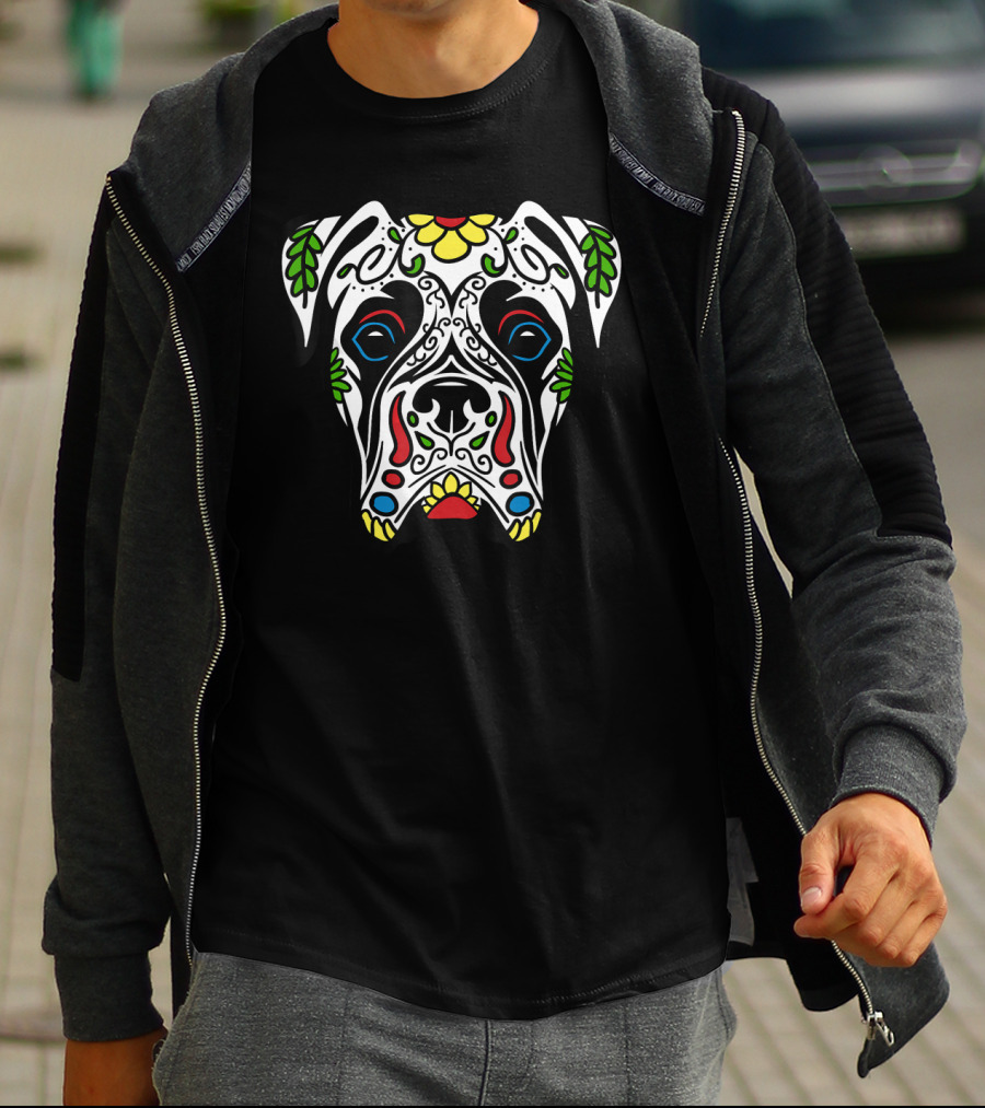 Boxer White Sugar Skull Dog Floral Mexican Día De Los Muertos T-Shirt